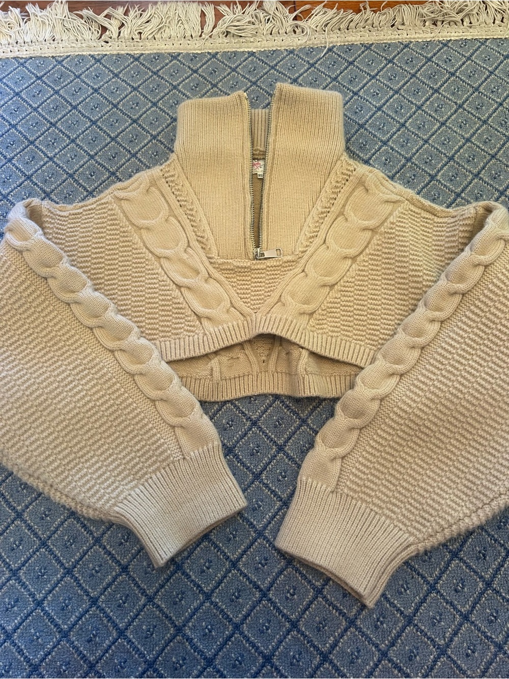 Free People Cream Cropped Cable-Knit Half-Zip Turtleneck Sweater